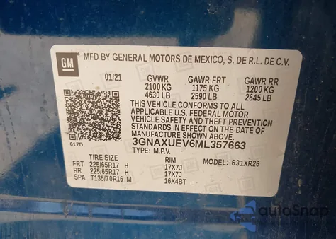 2021 Chevrolet Equinox Awd Lt из США, поврежденный, VIN 3GNAXUEV6ML357663